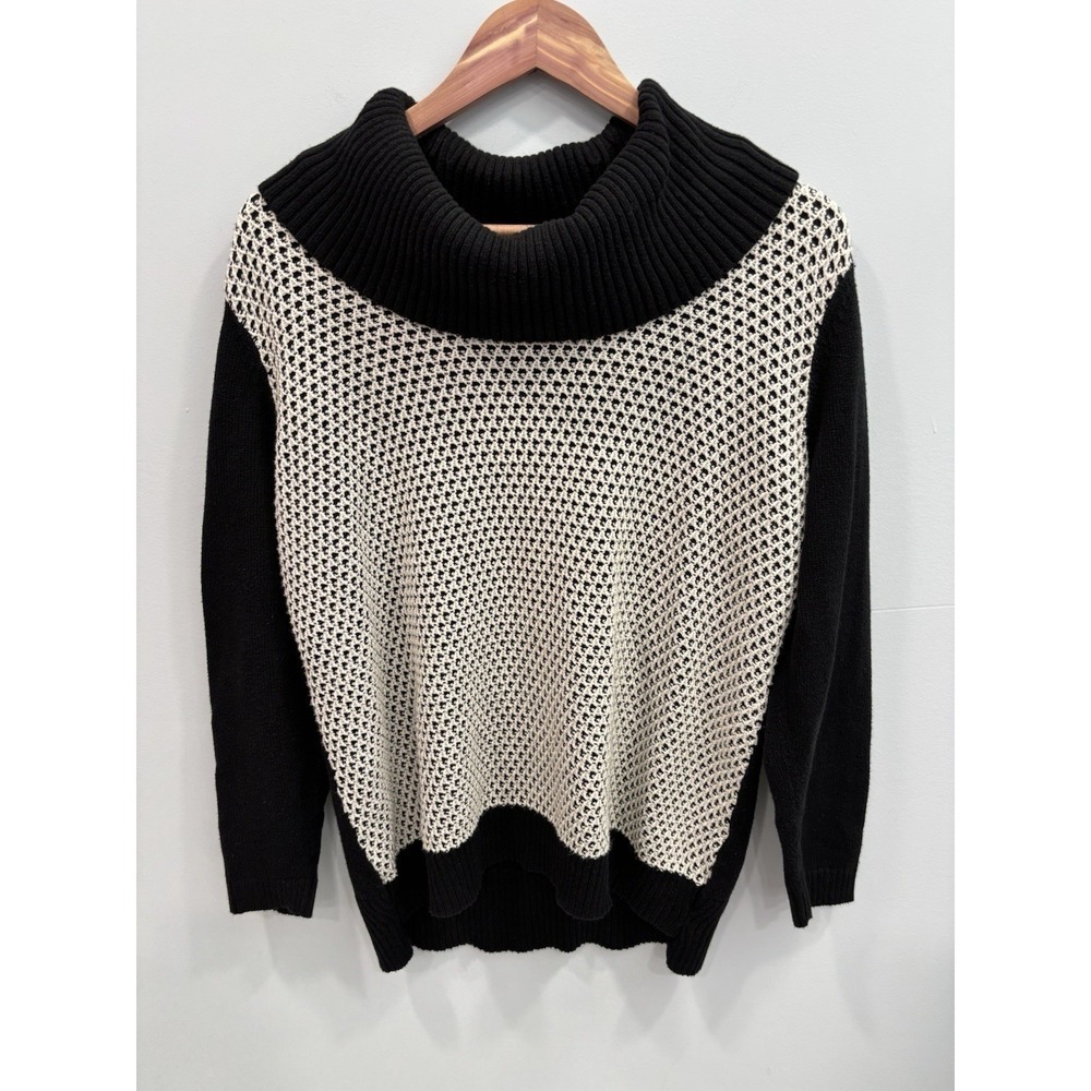 Calvin Klein Women's Black Knit Cowl Neck Sweater L Chunky Textured Contrast Top